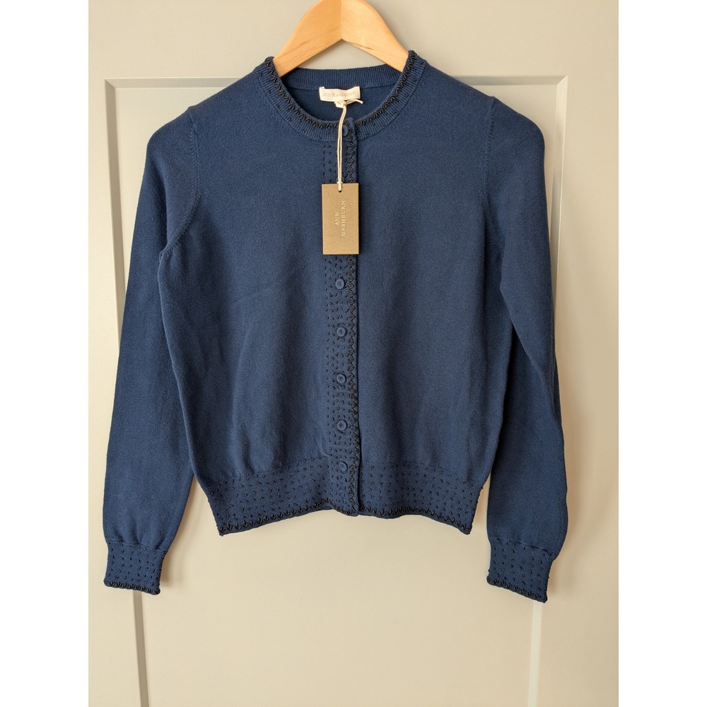 NWT Ann Mashburn Rose Beaded Cardigan Bright Navy Cotton‎ Silk XS READ